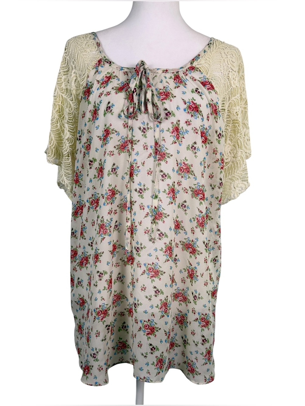 ROD’S Floral Chiffon Blouse Large | Lace Sleeves Cottagecore Boho